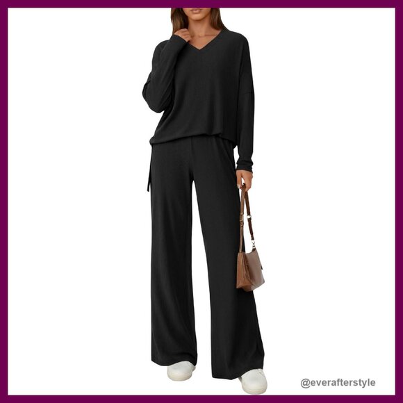 Soft Ribbed Knit Lounge Set V-Neck Wide Leg Pants Cozy Chic